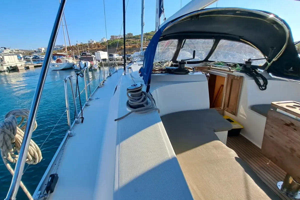 Deck of Amore, a Bavaria Cruiser 46 sailboat at Municipal Unit of Lefkada, Greece