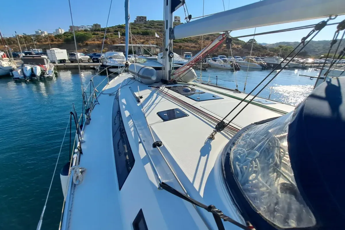 Deck of Amore, a Bavaria Cruiser 46 sailboat at Municipal Unit of Lefkada, Greece