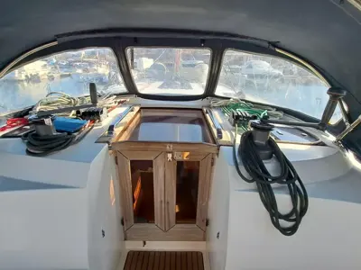 Cockpit of Amore, a Bavaria Cruiser 46 sailboat at Municipal Unit of Lefkada, Greece