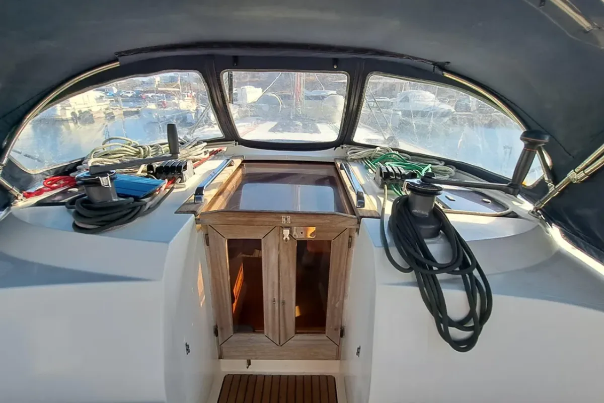 Cockpit of Amore, a Bavaria Cruiser 46 sailboat at Municipal Unit of Lefkada, Greece