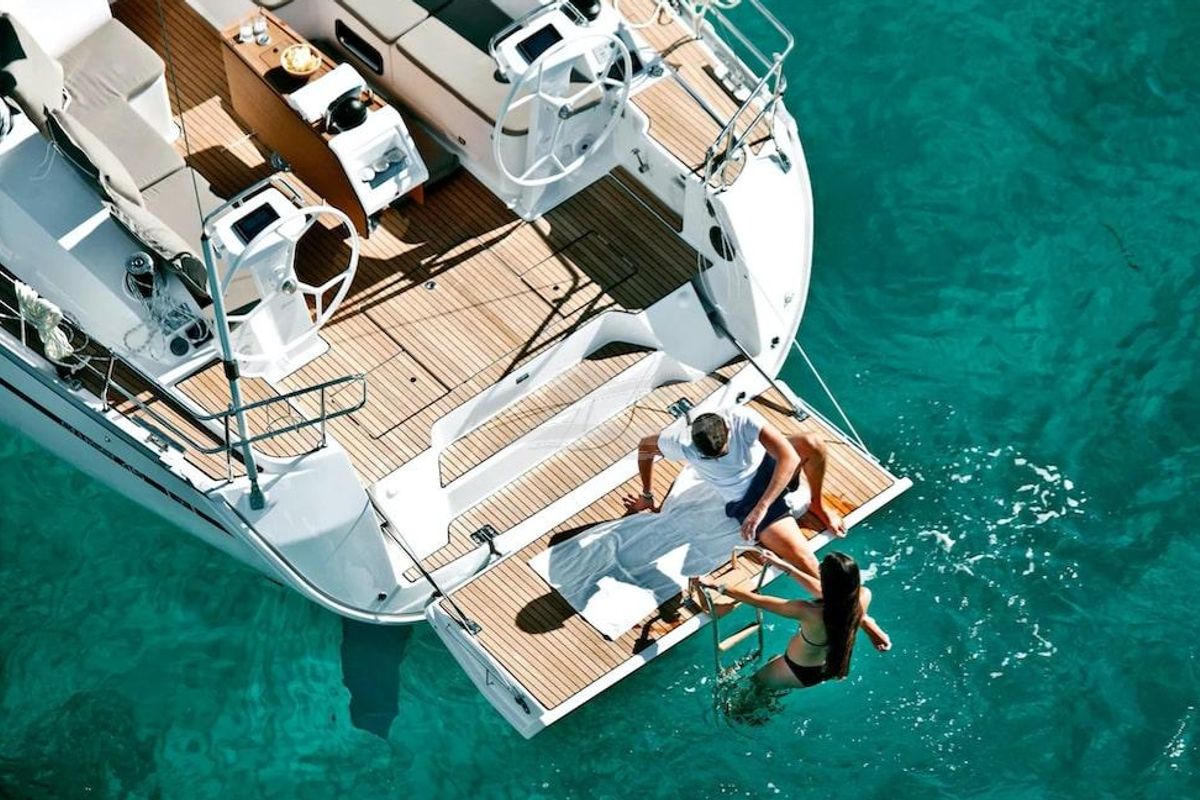 Exterior view of Amore, a Bavaria Cruiser 46 sailboat at Municipal Unit of Lefkada, Greece