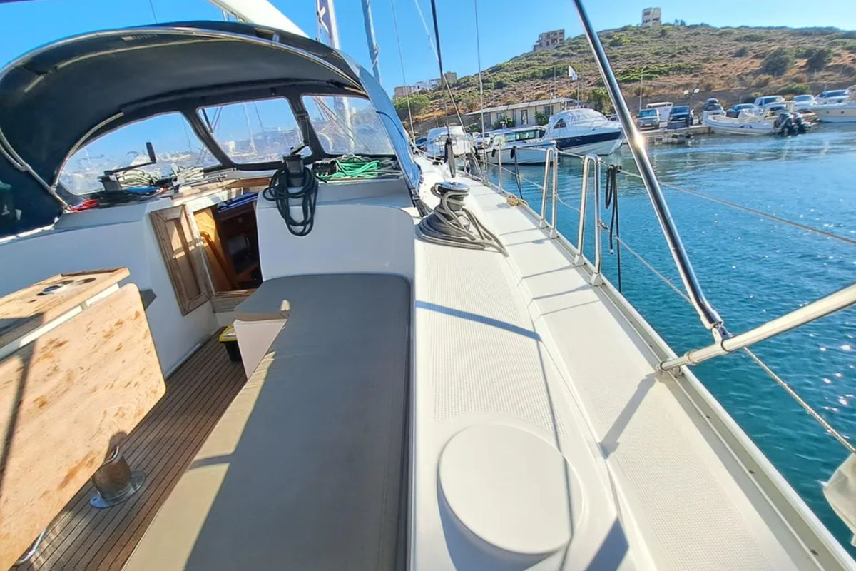 Deck of Amore, a Bavaria Cruiser 46 sailboat at Municipal Unit of Lefkada, Greece