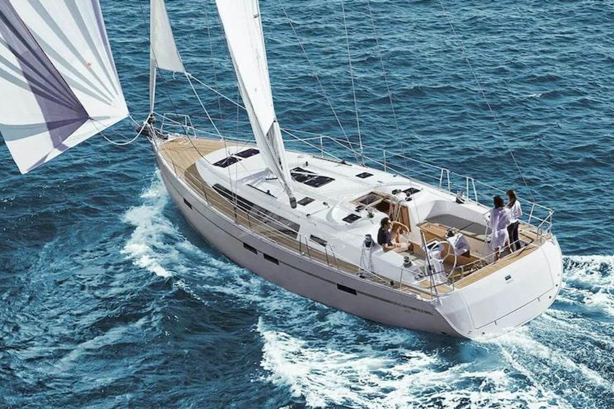 Exterior view of Amore, a Bavaria Cruiser 46 sailboat at Municipal Unit of Lefkada, Greece