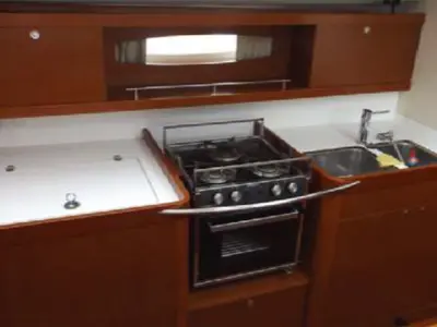Galley of IN COMPLIANCE, a Beneteau Oceanis 50 sailboat at Kalkara, Malta