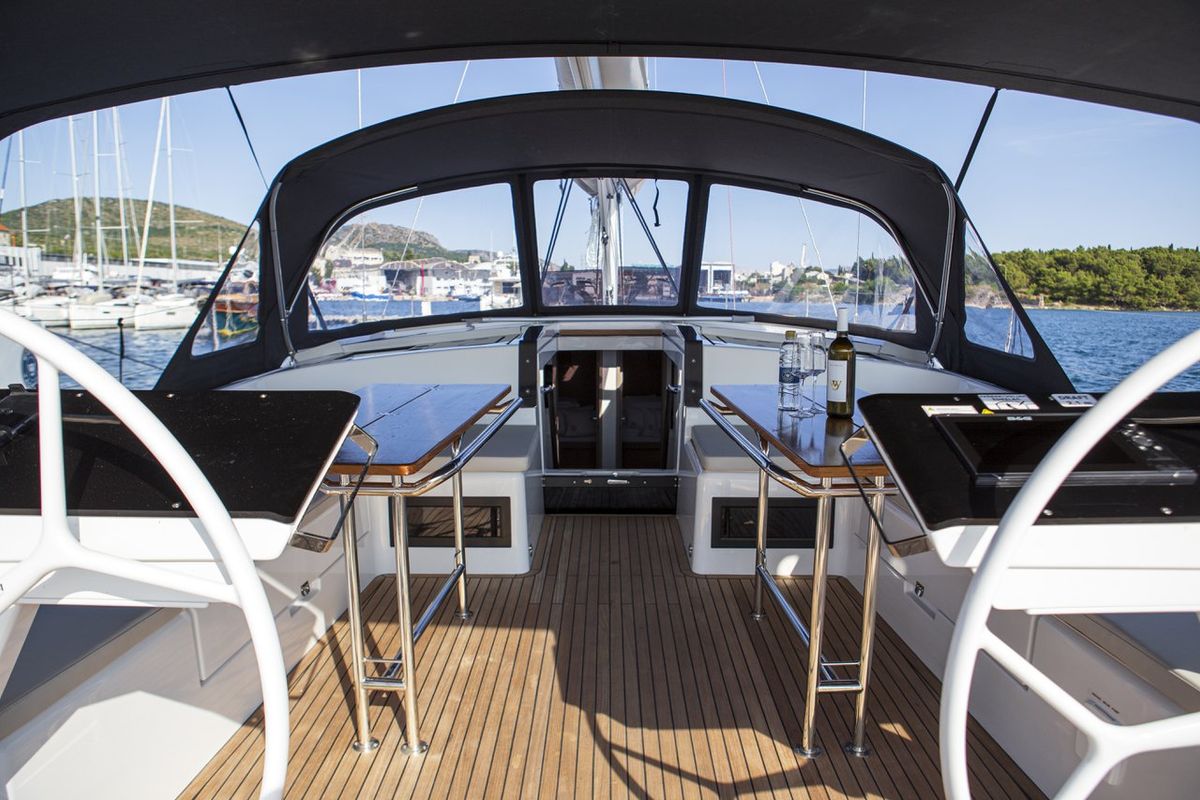 Cockpit of White Pearl, a Hanse Yachts Hanse 460 sailboat at Grad Šibenik, Croatia