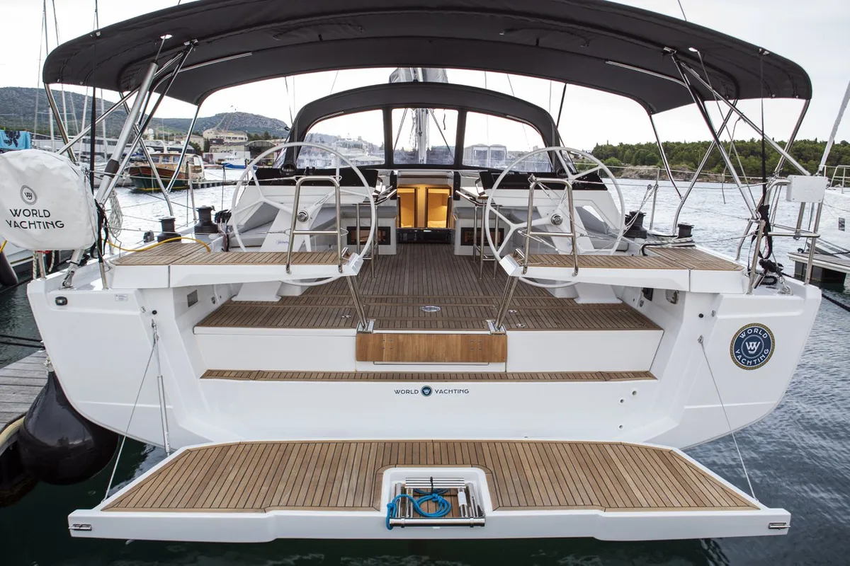 Exterior view of White Pearl, a Hanse Yachts Hanse 460 sailboat at Grad Šibenik, Croatia