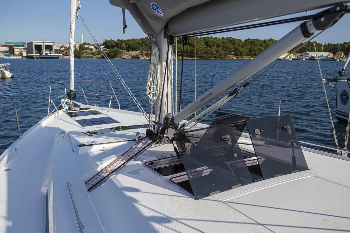 Deck of White Pearl, a Hanse Yachts Hanse 460 sailboat at Grad Šibenik, Croatia