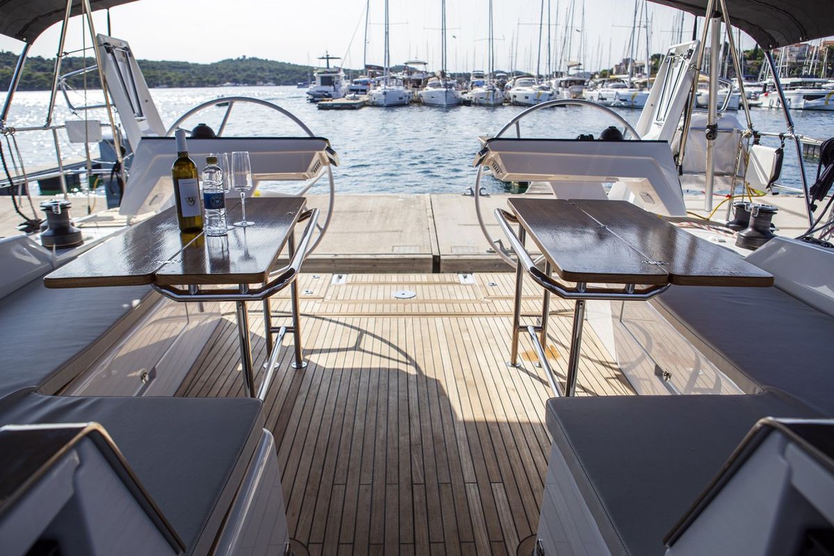 Cockpit of White Pearl, a Hanse Yachts Hanse 460 sailboat at Grad Šibenik, Croatia