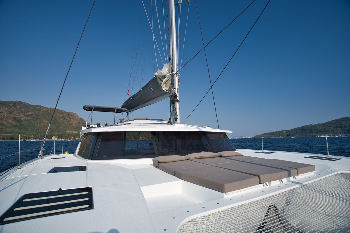 Deck of Sky Ada II, a Fountaine Pajot Saona 47 catamaran at Marmaris, Turkey