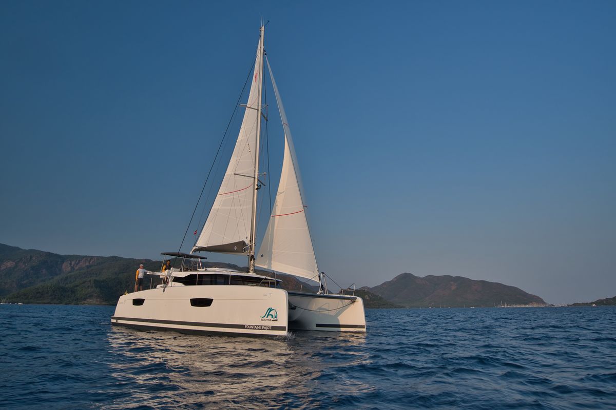 Exterior view of Sky Ada II, a Fountaine Pajot Saona 47 catamaran at Marmaris, Turkey