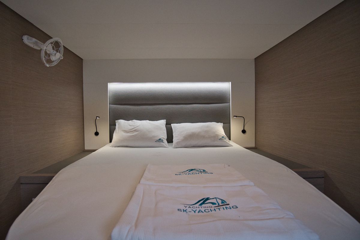 Cabin on Sky Ada II, a Fountaine Pajot Saona 47 catamaran at Marmaris, Turkey