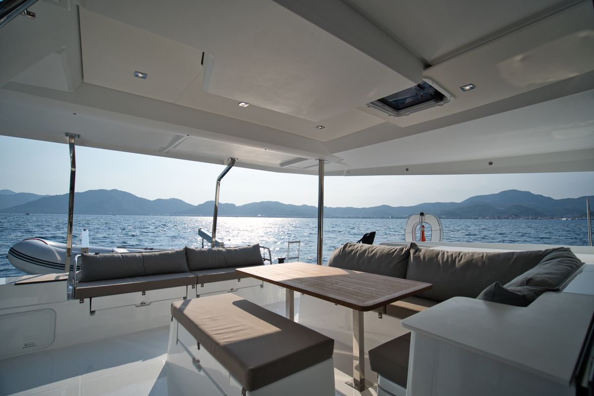 Deck of Sky Ada II, a Fountaine Pajot Saona 47 catamaran at Marmaris, Turkey