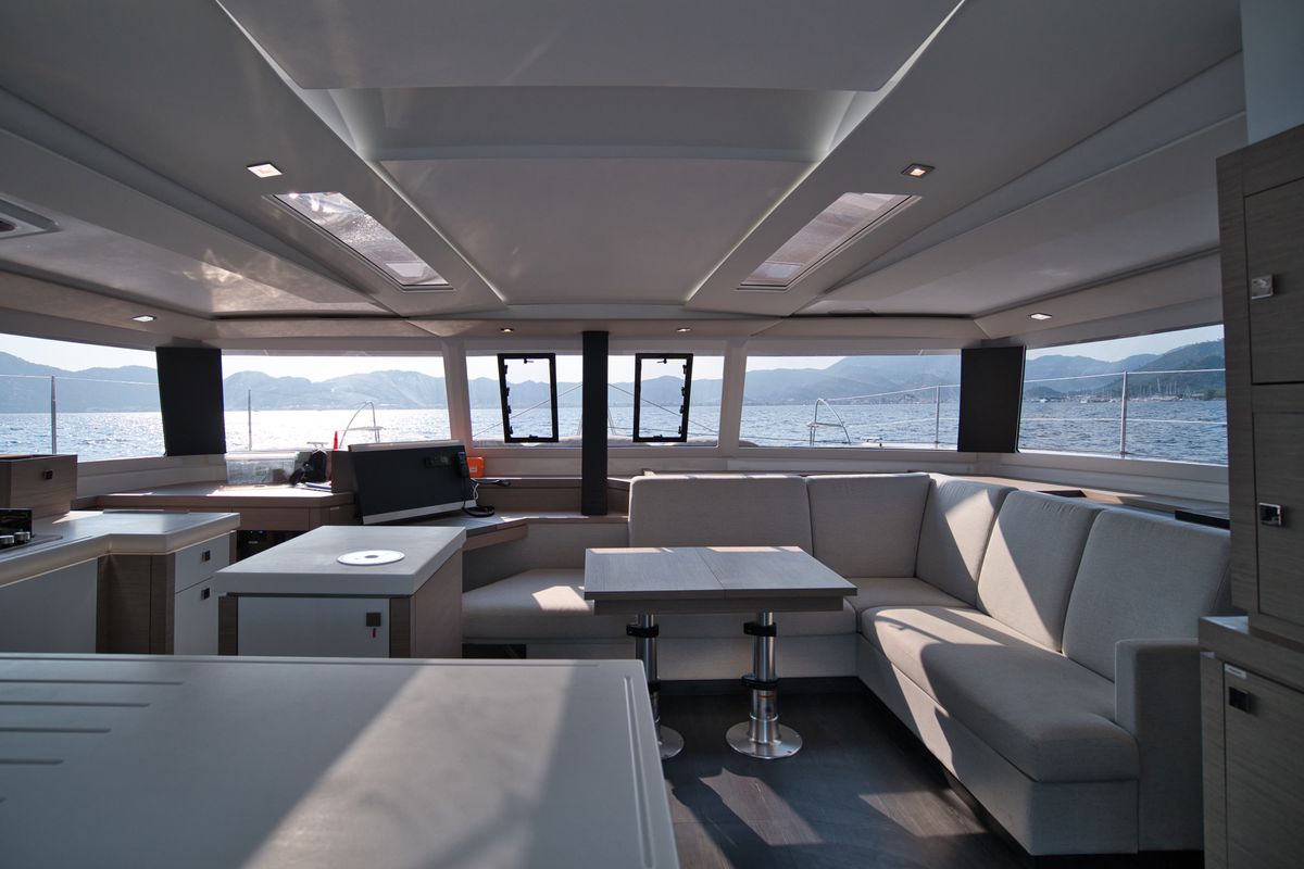 Salon of Sky Ada II, a Fountaine Pajot Saona 47 catamaran at Marmaris, Turkey