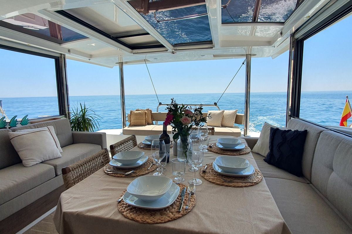 Salon of DISFRUTON, a Bali 4.6 catamaran at Port d'Andratx, Spain