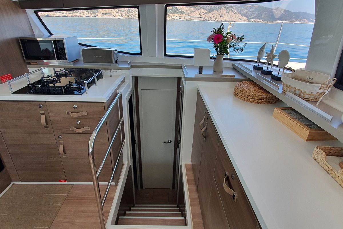 Galley of DISFRUTON, a Bali 4.6 catamaran at Port d'Andratx, Spain