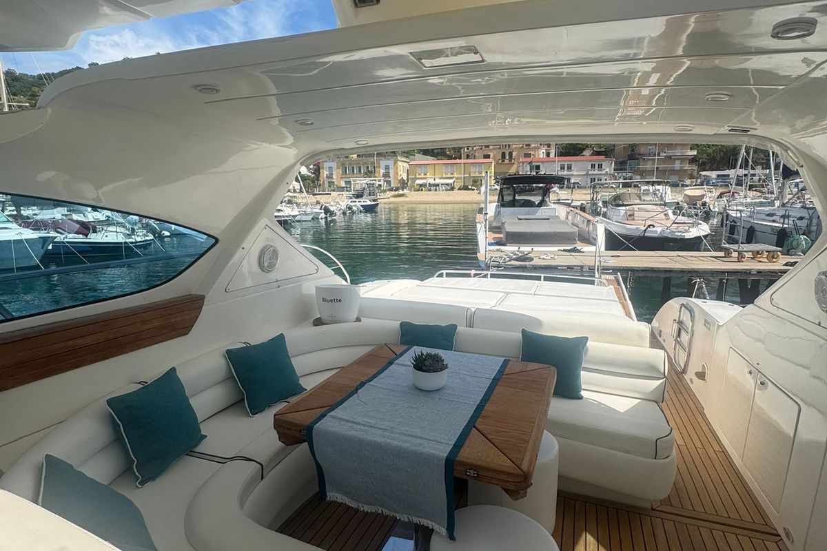 Deck of Ludos, a Gulet Conam 58S motorboat at Tropea, Italy