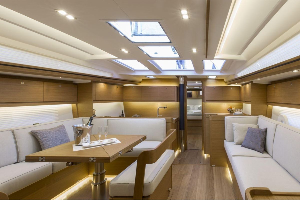Salon of Captain Redbeard, a Dufour 520 Grand Large sailboat at Kalkara, Malta