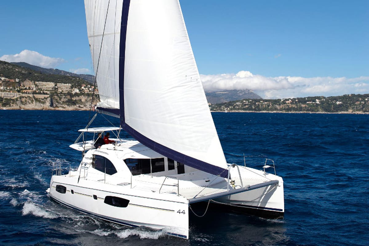 Exterior view of Shangri-La, a Leopard 44 catamaran at Marmaris, Turkey