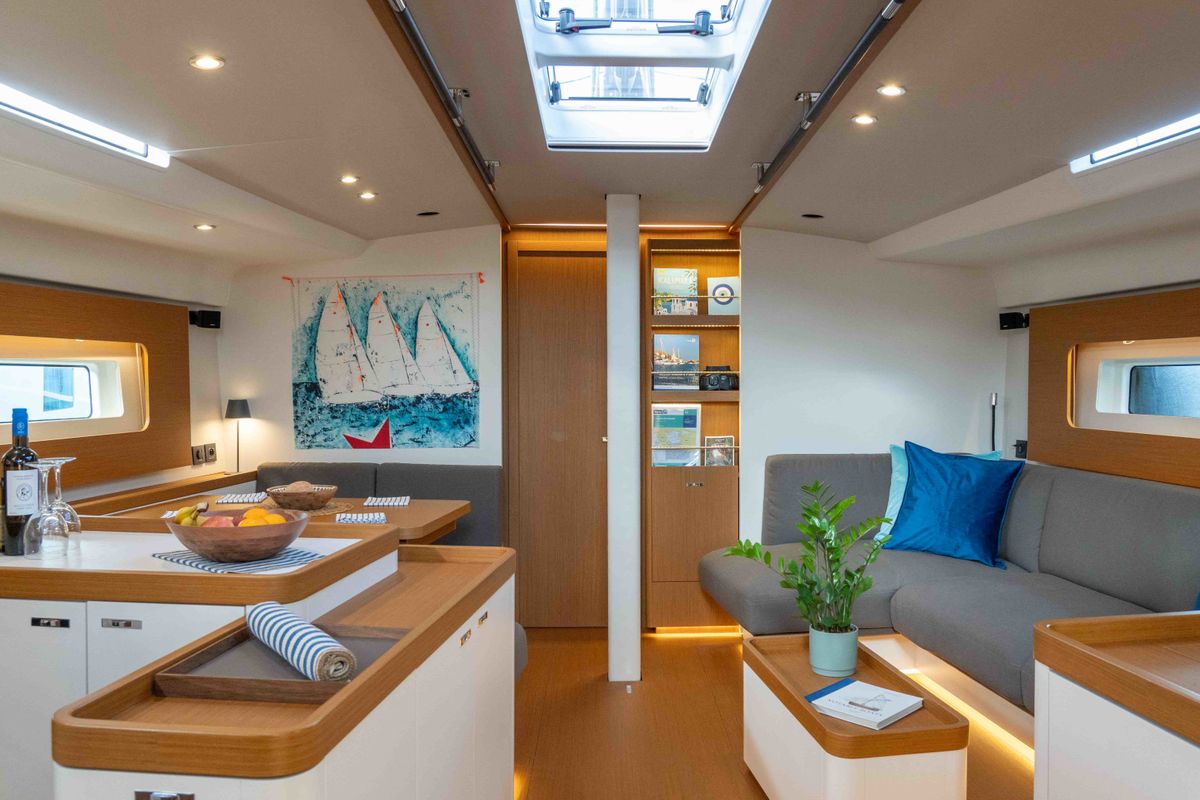 Salon of Titanium Star, a Beneteau First Yacht 53 sailboat at Lavreotiki Municipal Unit, Greece