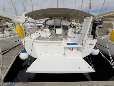 Deck of Private dancer II, a Dufour 460 GL sailboat at Grad Šibenik, Croatia