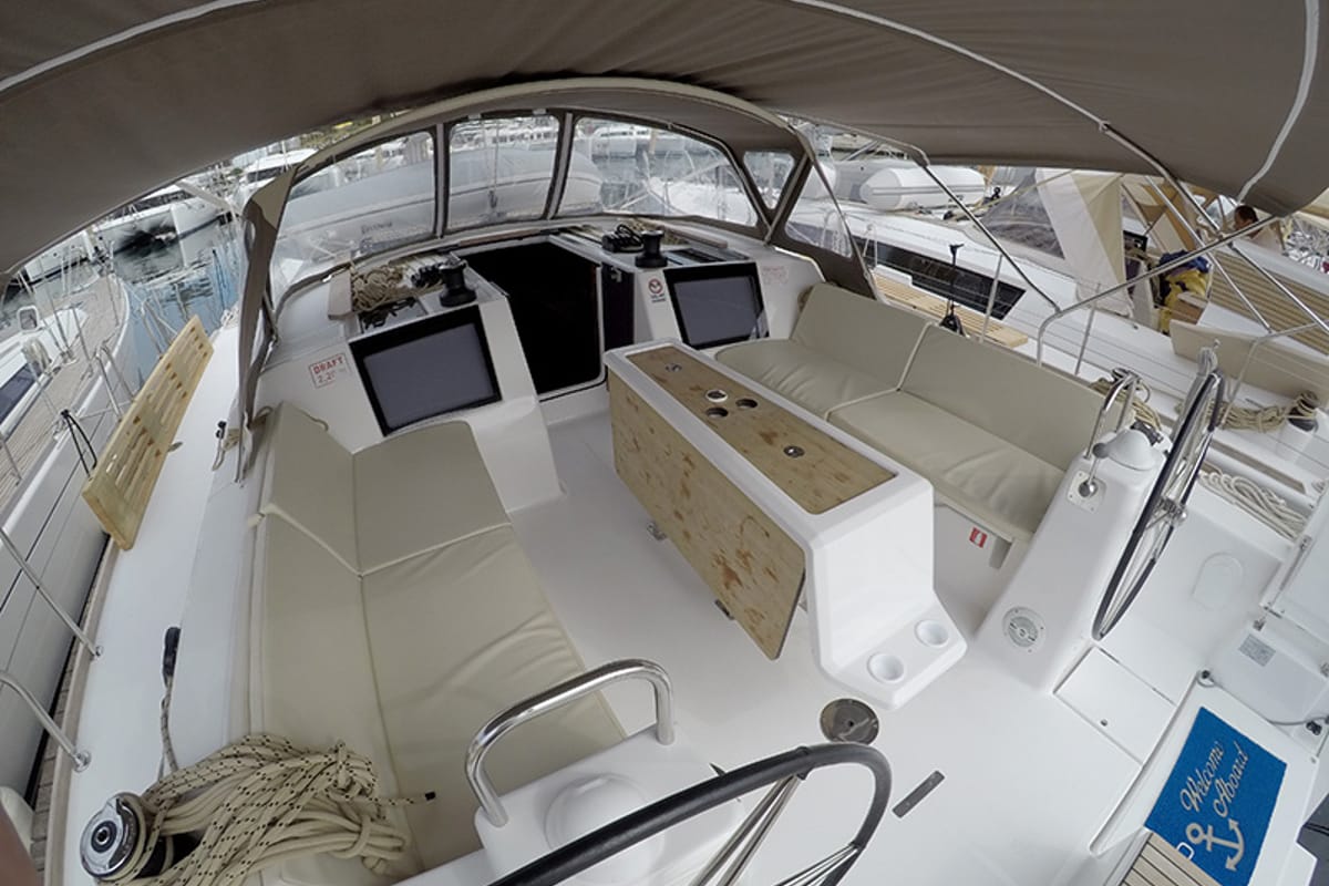 Cockpit of Private dancer II, a Dufour 460 GL sailboat at Grad Šibenik, Croatia