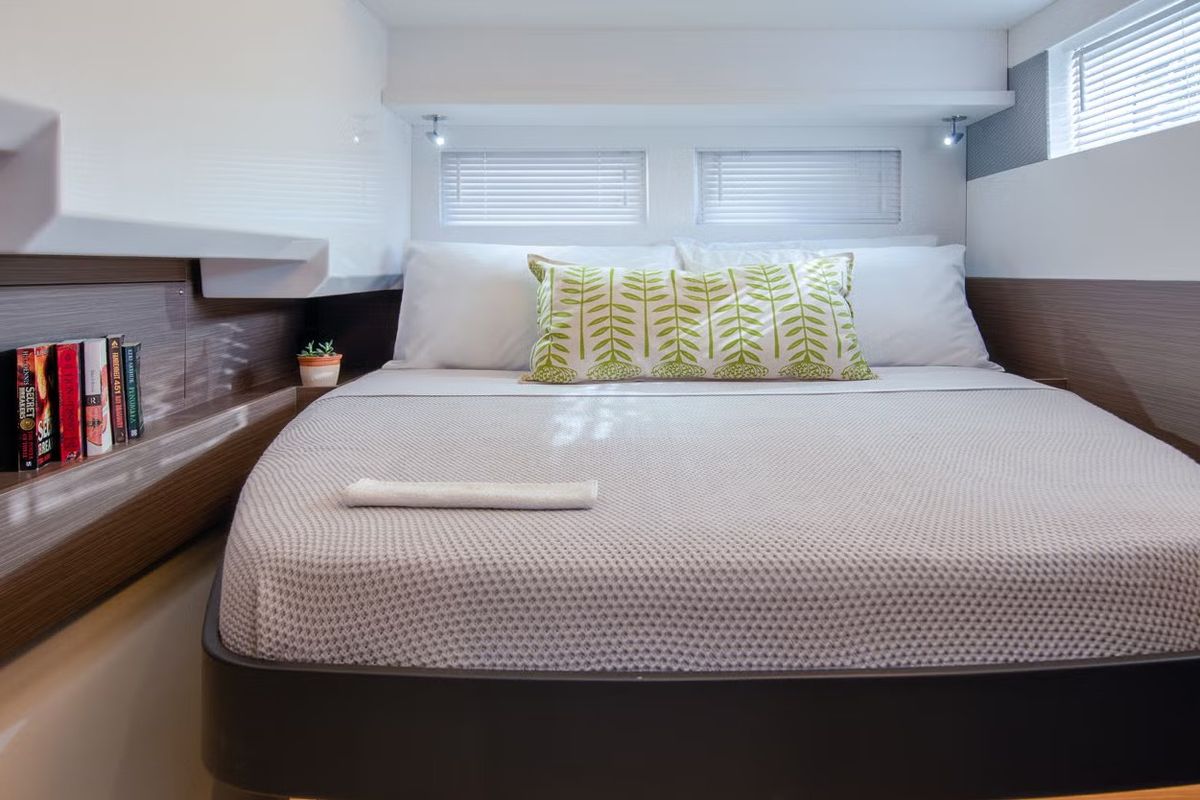 Cabin on Premium, a Leopard 46PC catamaran at Cogolin, France