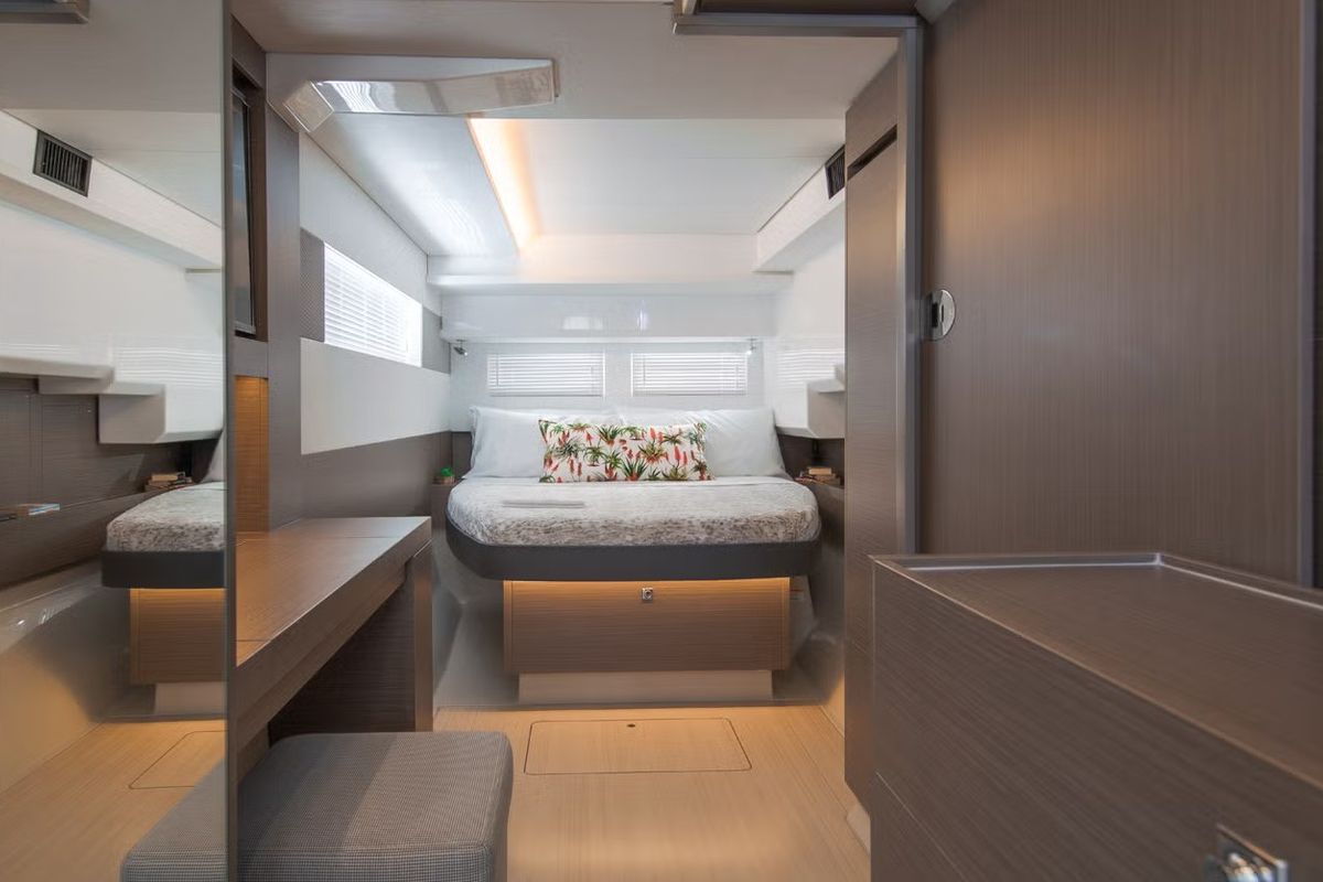 Cabin on Premium, a Leopard 46PC catamaran at Cogolin, France
