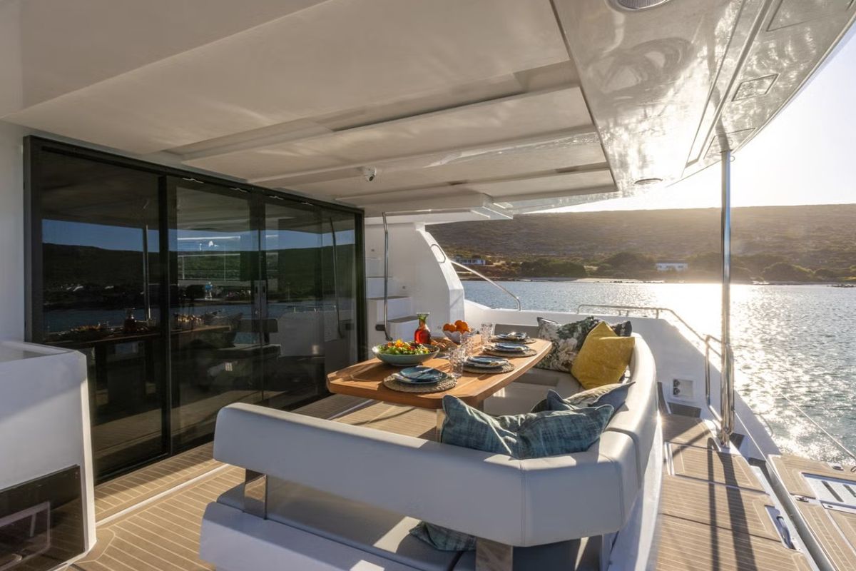 Deck of Premium, a Leopard 46PC catamaran at Cogolin, France