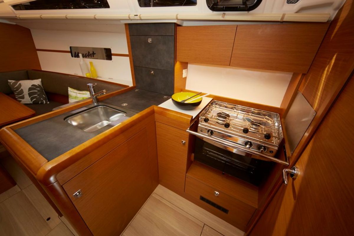 Galley of Sam, a Jeanneau Sun Odyssey 349 sailboat at Flensburg, Germany