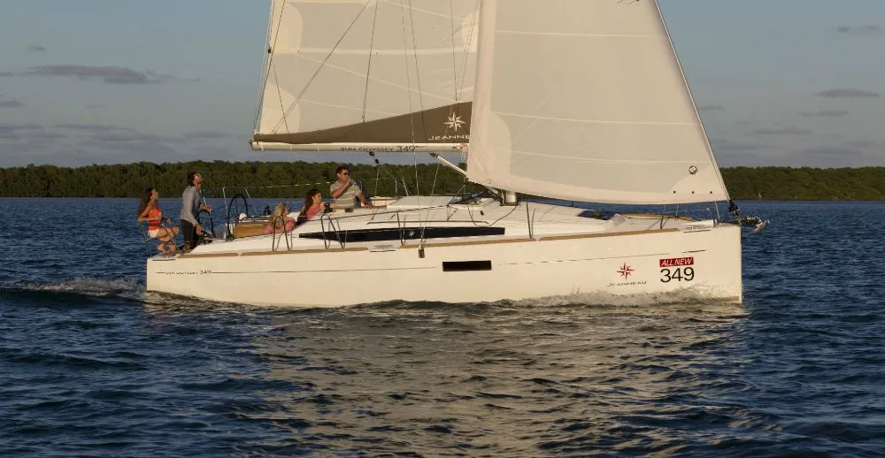 Exterior view of Sam, a Jeanneau Sun Odyssey 349 sailboat at Flensburg, Germany