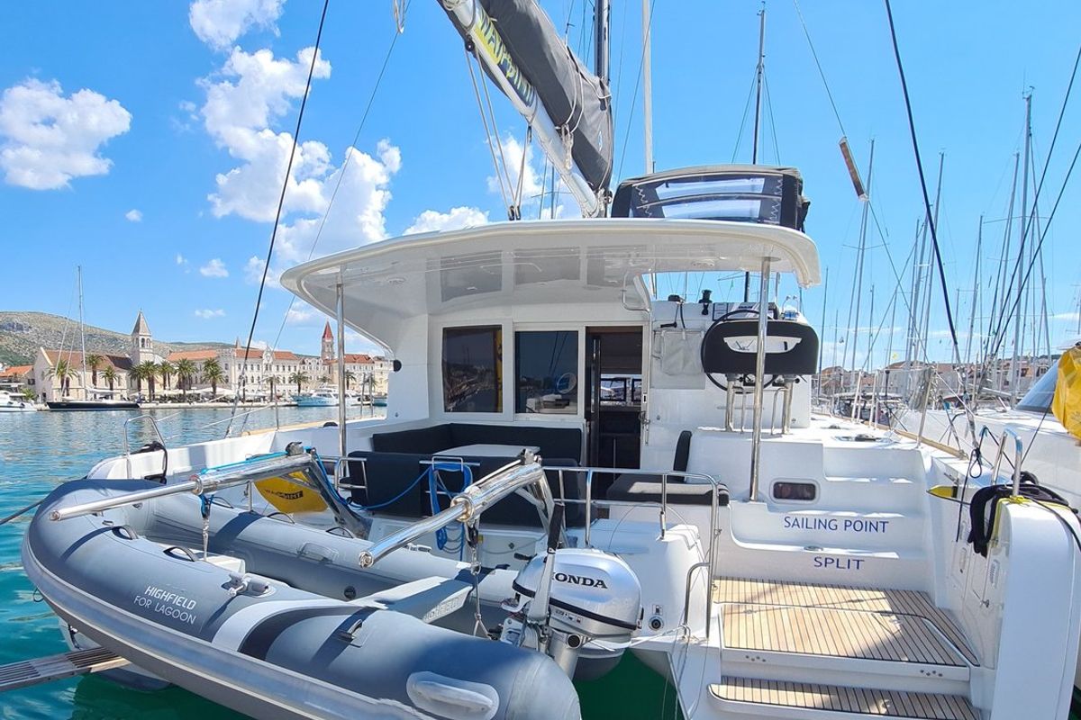 Exterior view of Sailing Point, a Lagoon 40 catamaran at Split, Croatia