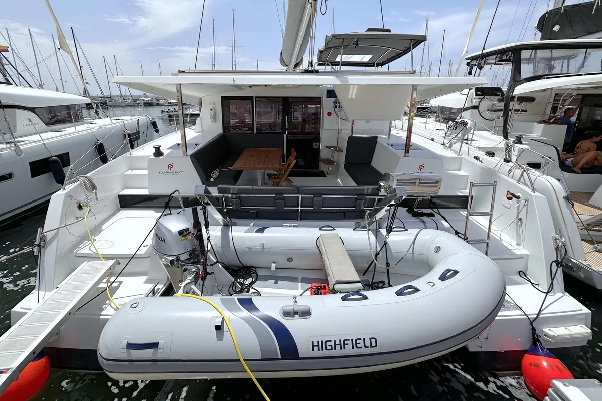 Exterior view of Laja, a Fountaine Pajot Isla 40 catamaran at Palma de Mallorca, Spain