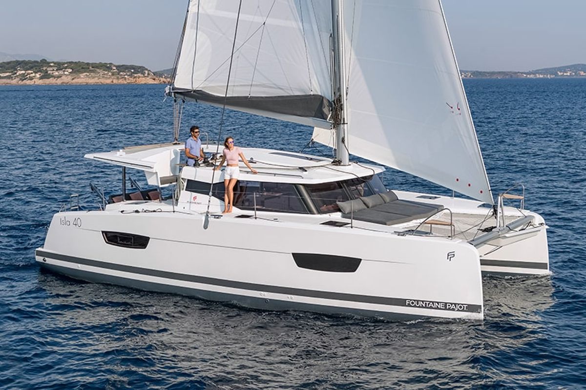 Exterior view of Laja, a Fountaine Pajot Isla 40 catamaran at Palma de Mallorca, Spain