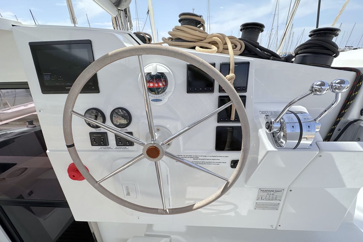Cockpit of Laja, a Fountaine Pajot Isla 40 catamaran at Palma de Mallorca, Spain