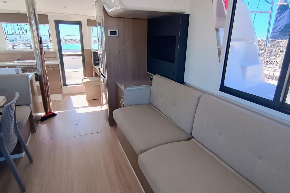 Salon of BETA, a Bali 4.2 catamaran at Capo d'Orlando, Italy