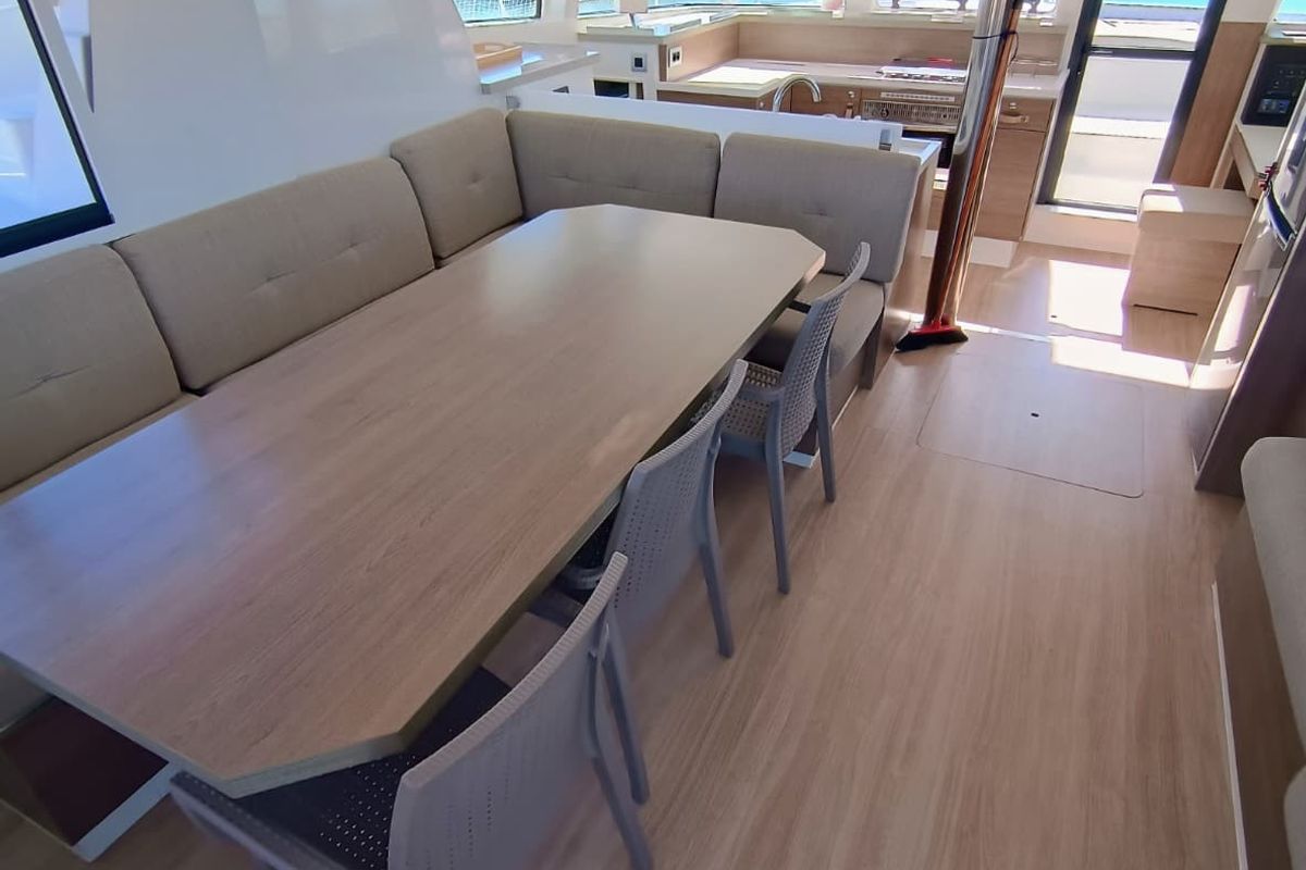 Salon of BETA, a Bali 4.2 catamaran at Capo d'Orlando, Italy