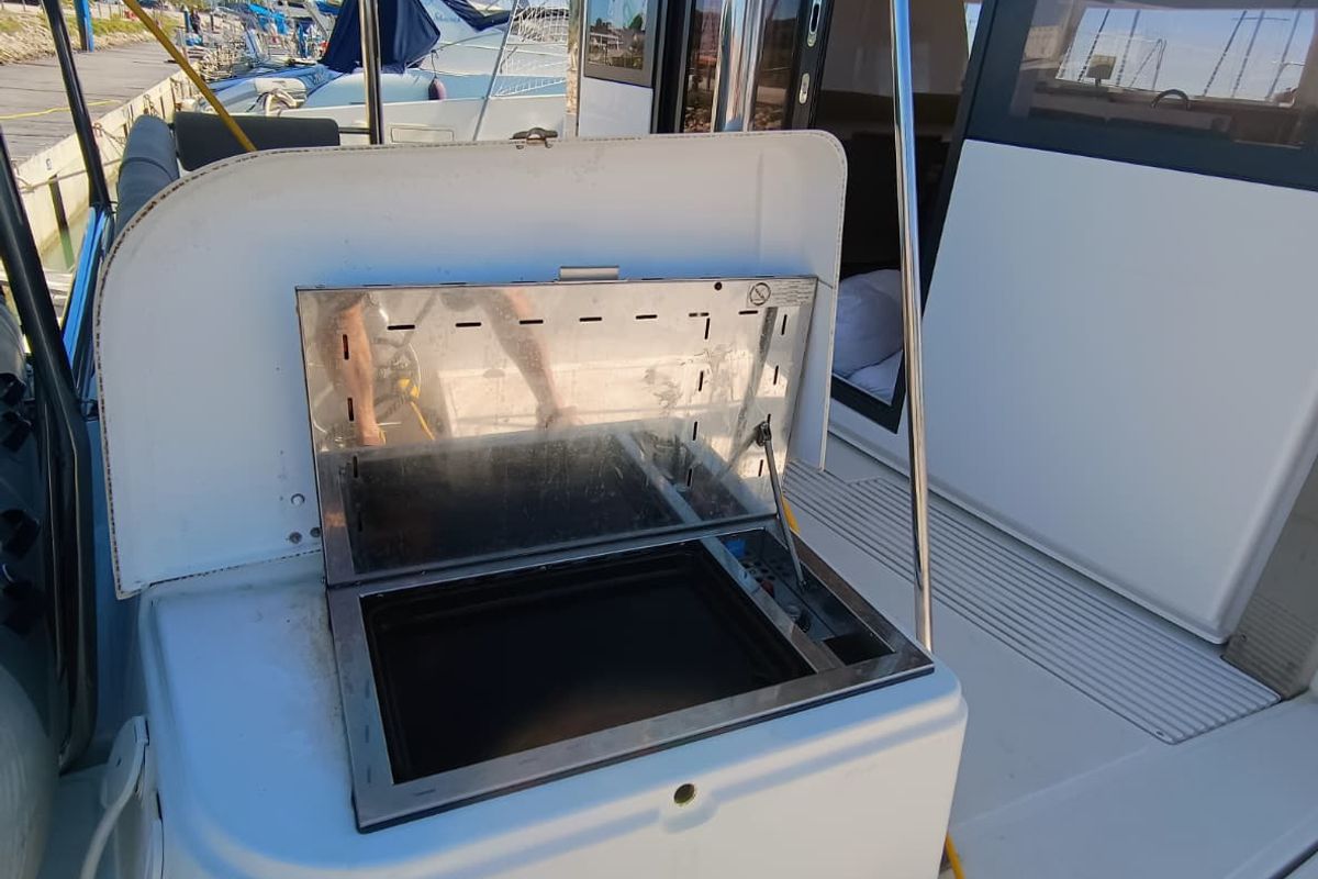 Deck of BETA, a Bali 4.2 catamaran at Capo d'Orlando, Italy