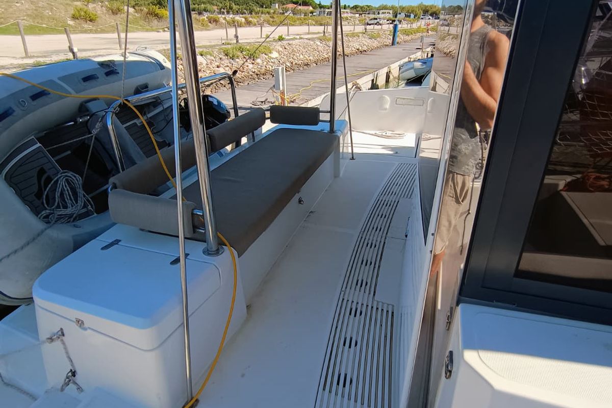 Deck of BETA, a Bali 4.2 catamaran at Capo d'Orlando, Italy