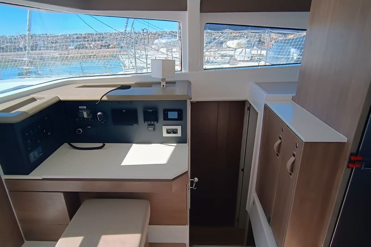 Cockpit of BETA, a Bali 4.2 catamaran at Capo d'Orlando, Italy