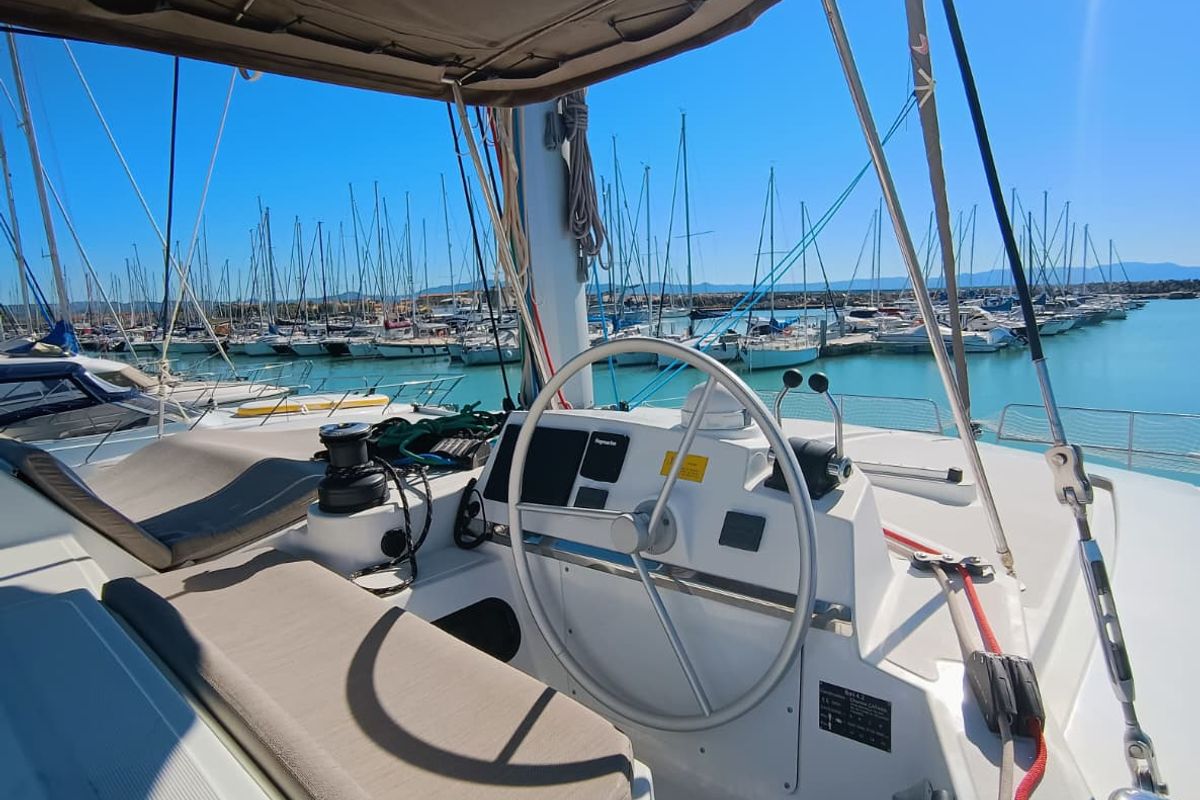 Cockpit of BETA, a Bali 4.2 catamaran at Capo d'Orlando, Italy