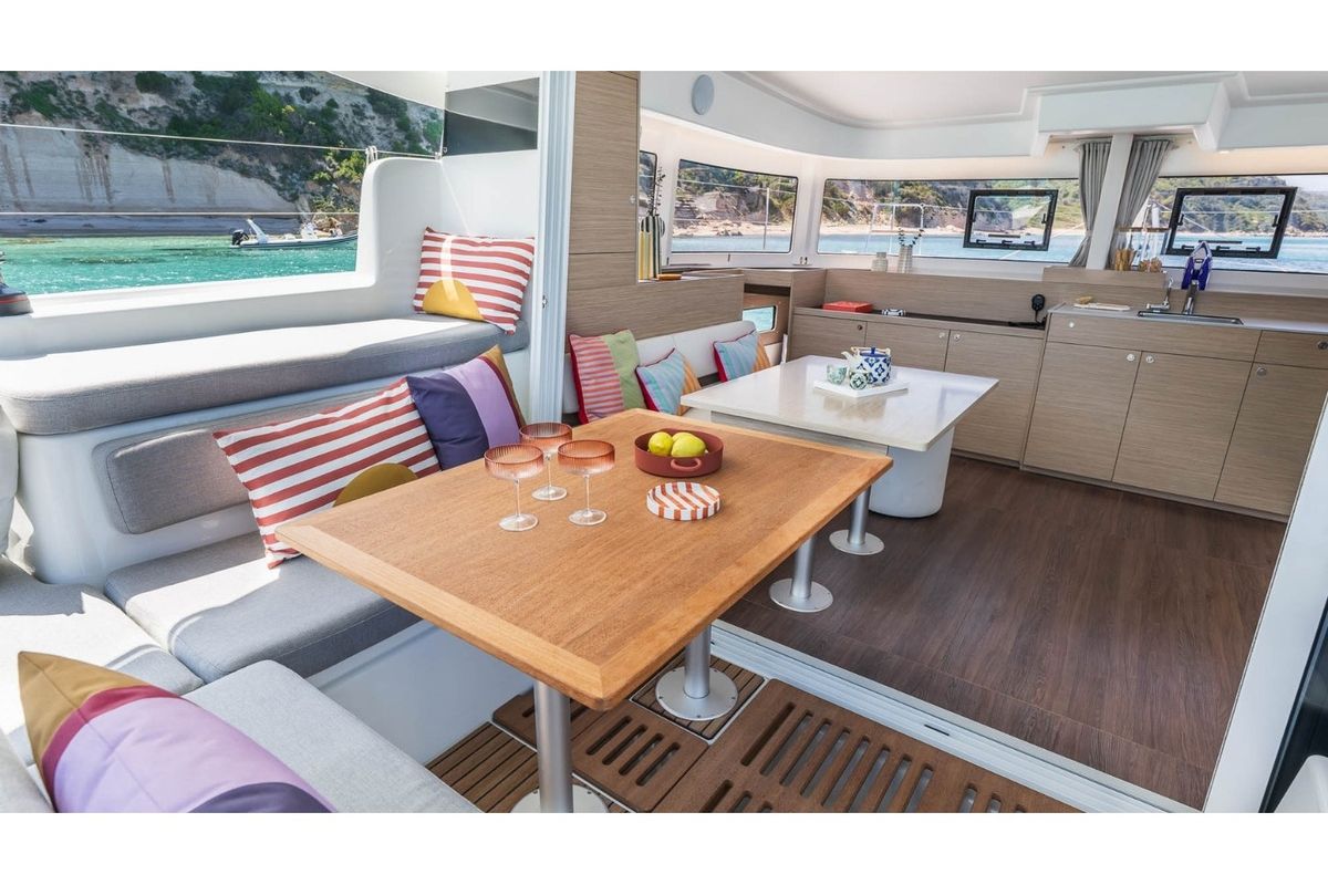 Deck of New 2026, a Lagoon 38 catamaran at Capo d'Orlando, Italy