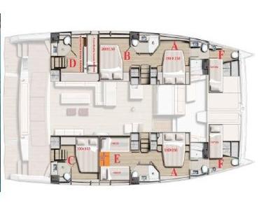 Floor plan of Osteodes, a Bali 5.4 catamaran at Olbia, Italy
