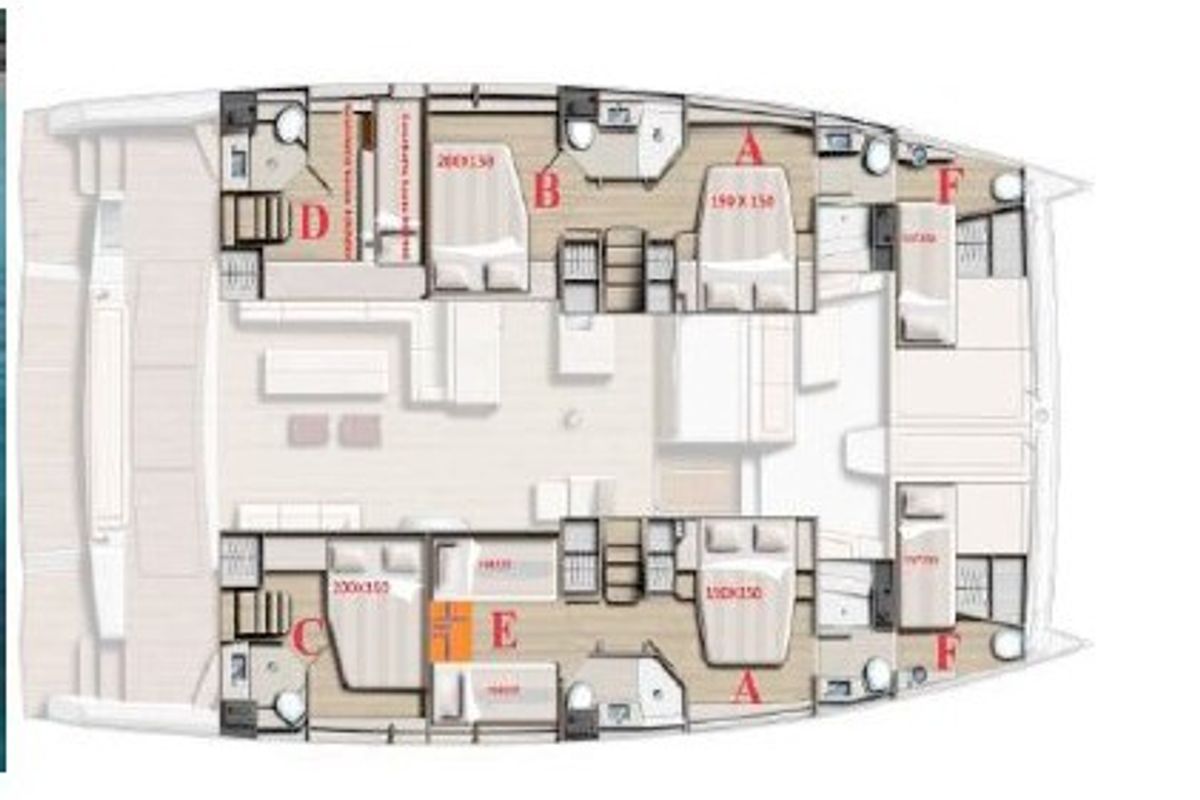 Floor plan of Osteodes, a Bali 5.4 catamaran at Olbia, Italy