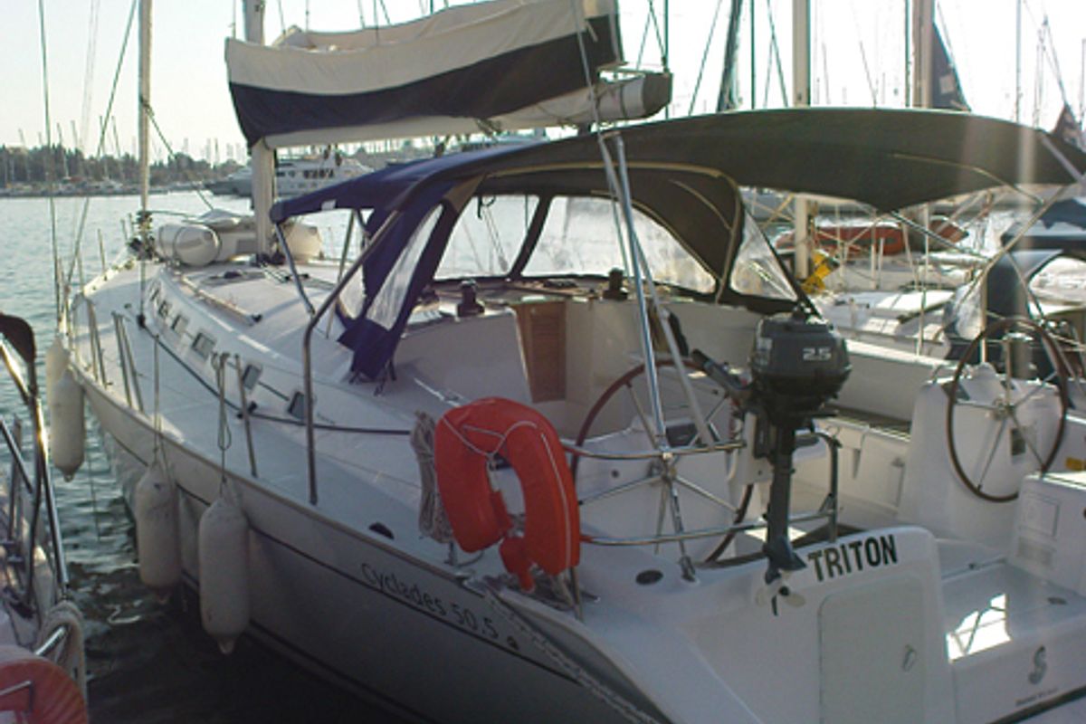 Cockpit of Triton, a Beneteau Cyclades 50.5 sailboat at Gouvia, Greece