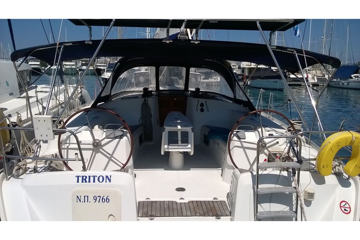 Cockpit of Triton, a Beneteau Cyclades 50.5 sailboat at Gouvia, Greece