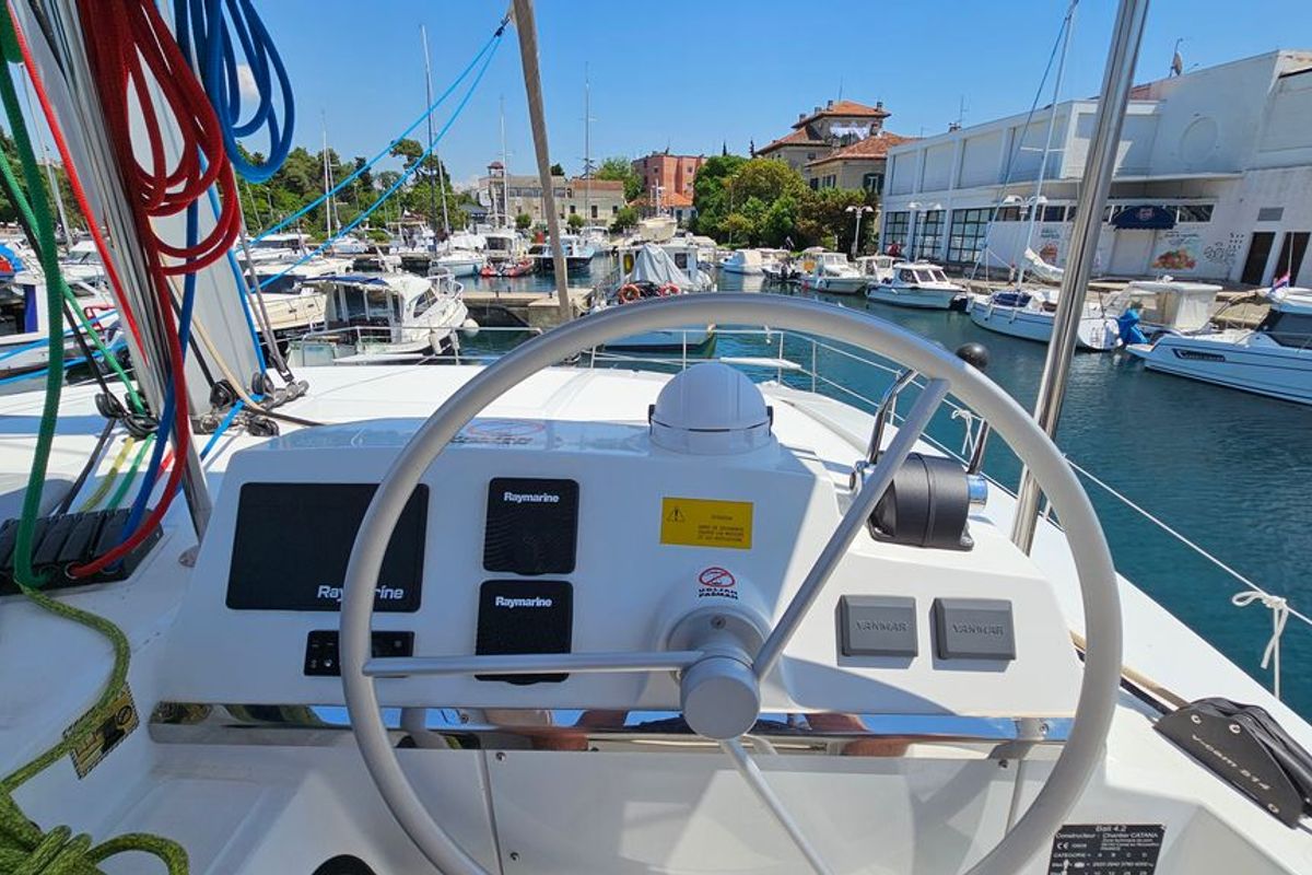 Cockpit of Stairway To Heaven, a Bali 4.2 catamaran at Zadar, Croatia