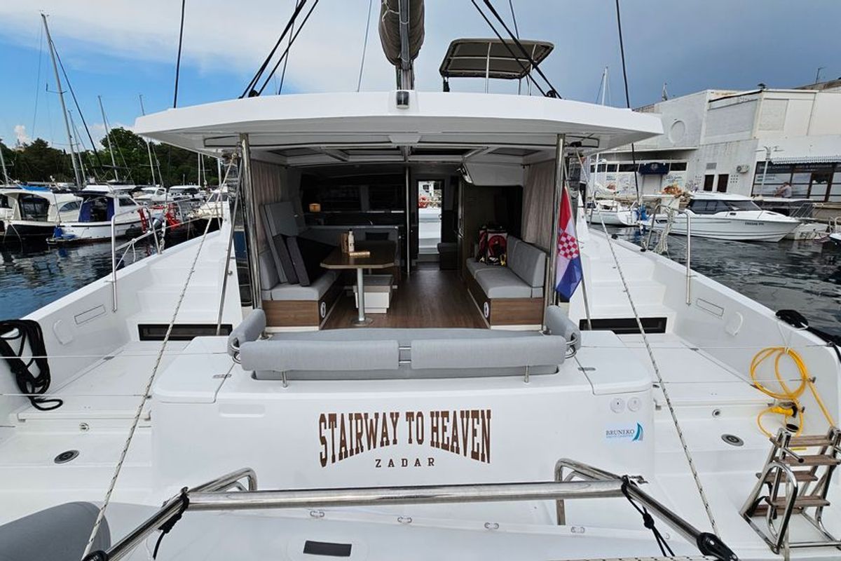 Deck of Stairway To Heaven, a Bali 4.2 catamaran at Zadar, Croatia