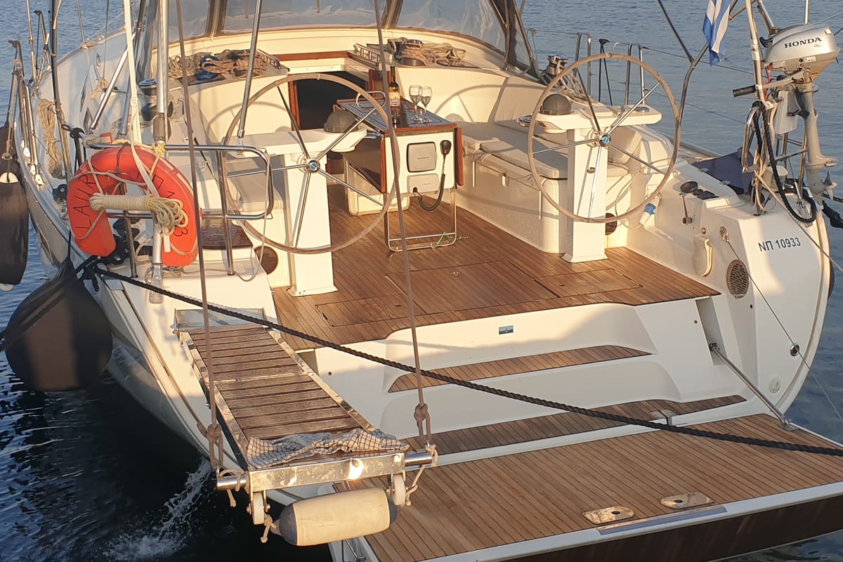Exterior view of Laura, a Bavaria Cruiser 45 sailboat at Municipal Unit of Nea Peramos, Greece