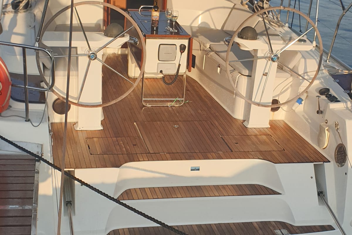 Cockpit of Laura, a Bavaria Cruiser 45 sailboat at Municipal Unit of Nea Peramos, Greece