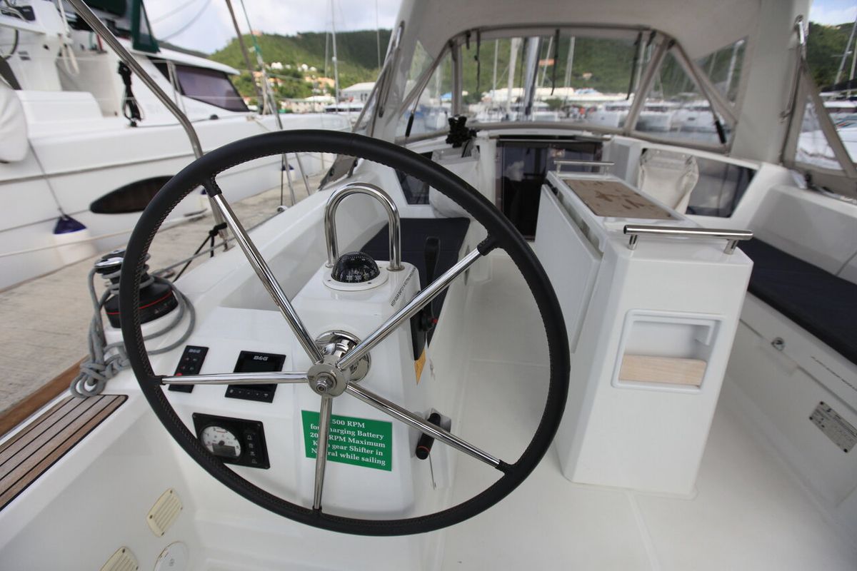 Cockpit of Cozmo, a Beneteau Oceanis 35.1 sailboat at Road Town, British Virgin Islands